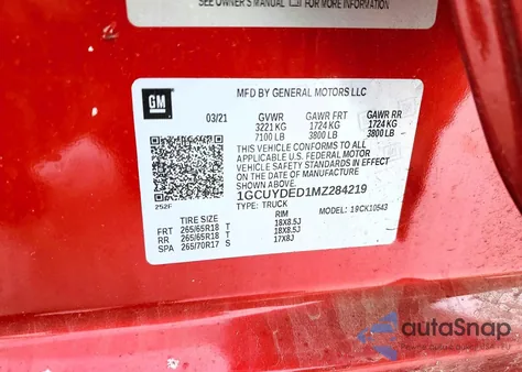 2021 Chevrolet Silverado K1500 Lt z USA, uszkodzony, nr VIN 1GCUYDED1MZ284219